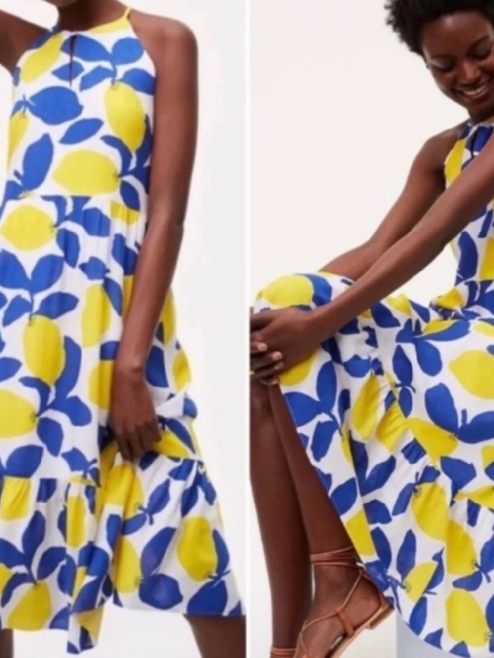 LOFT Yellow & Blue Lemon-Print Sleeveless Midi Dress Size 8 - Picture 8 of 11